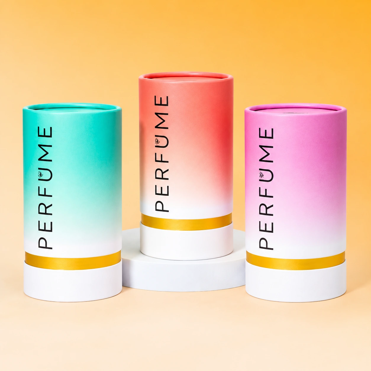 Three printed perfume paper tubes with gradient colors and gold bands