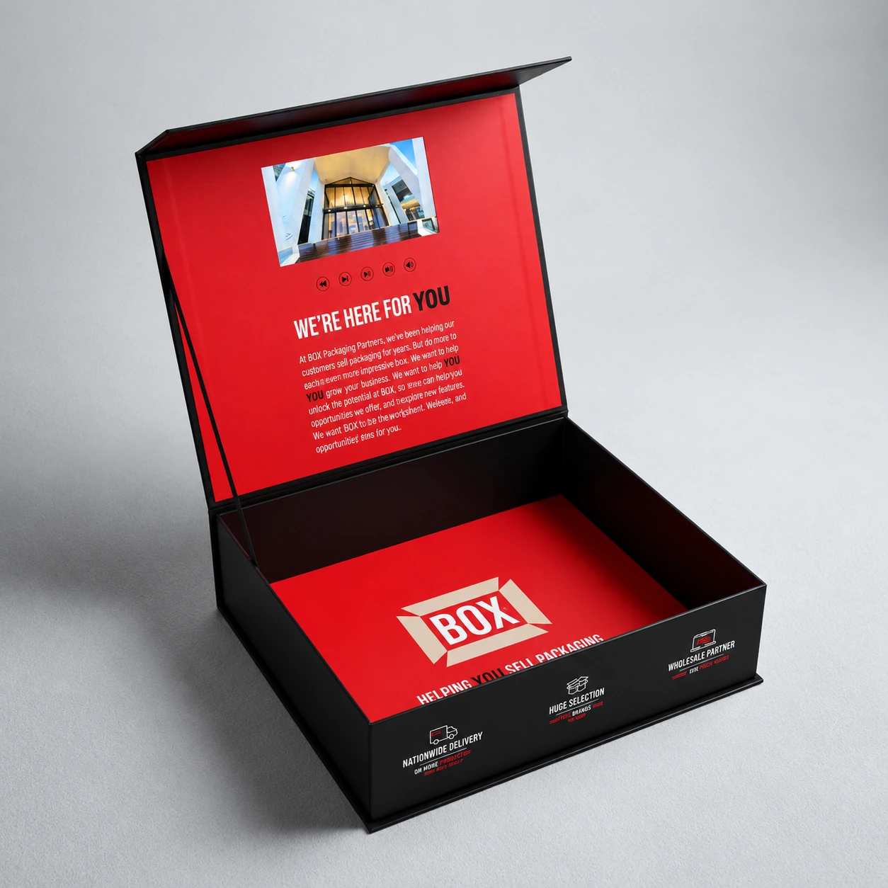 Video gift box with red printed interior