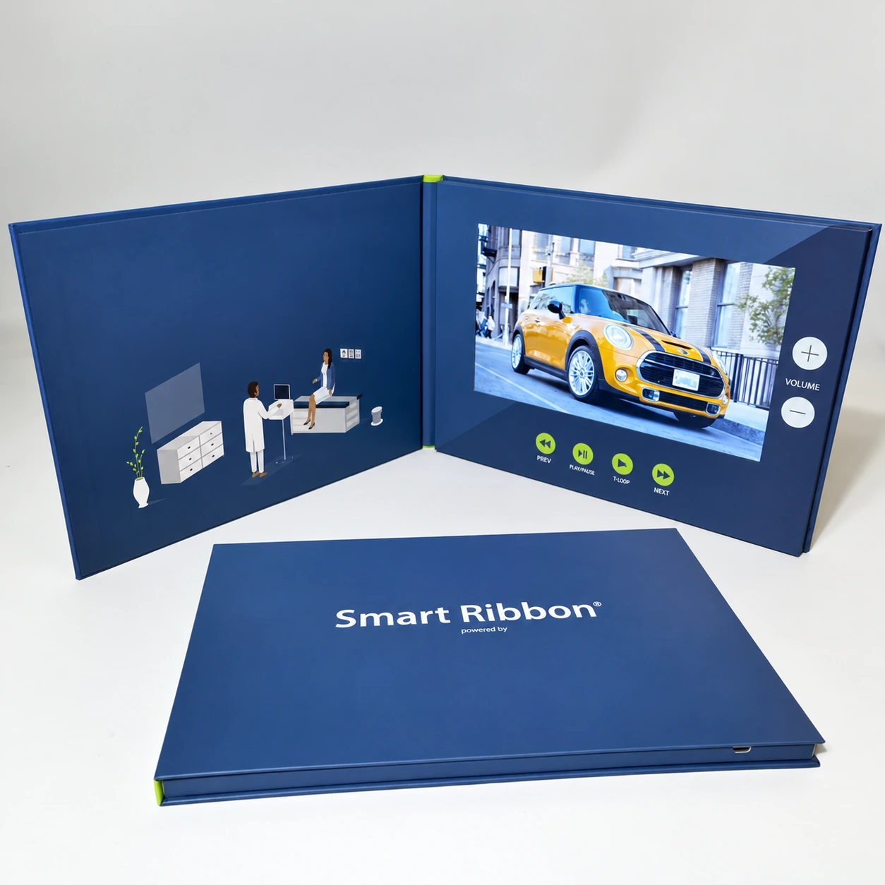 Blue video brochure with printed panels