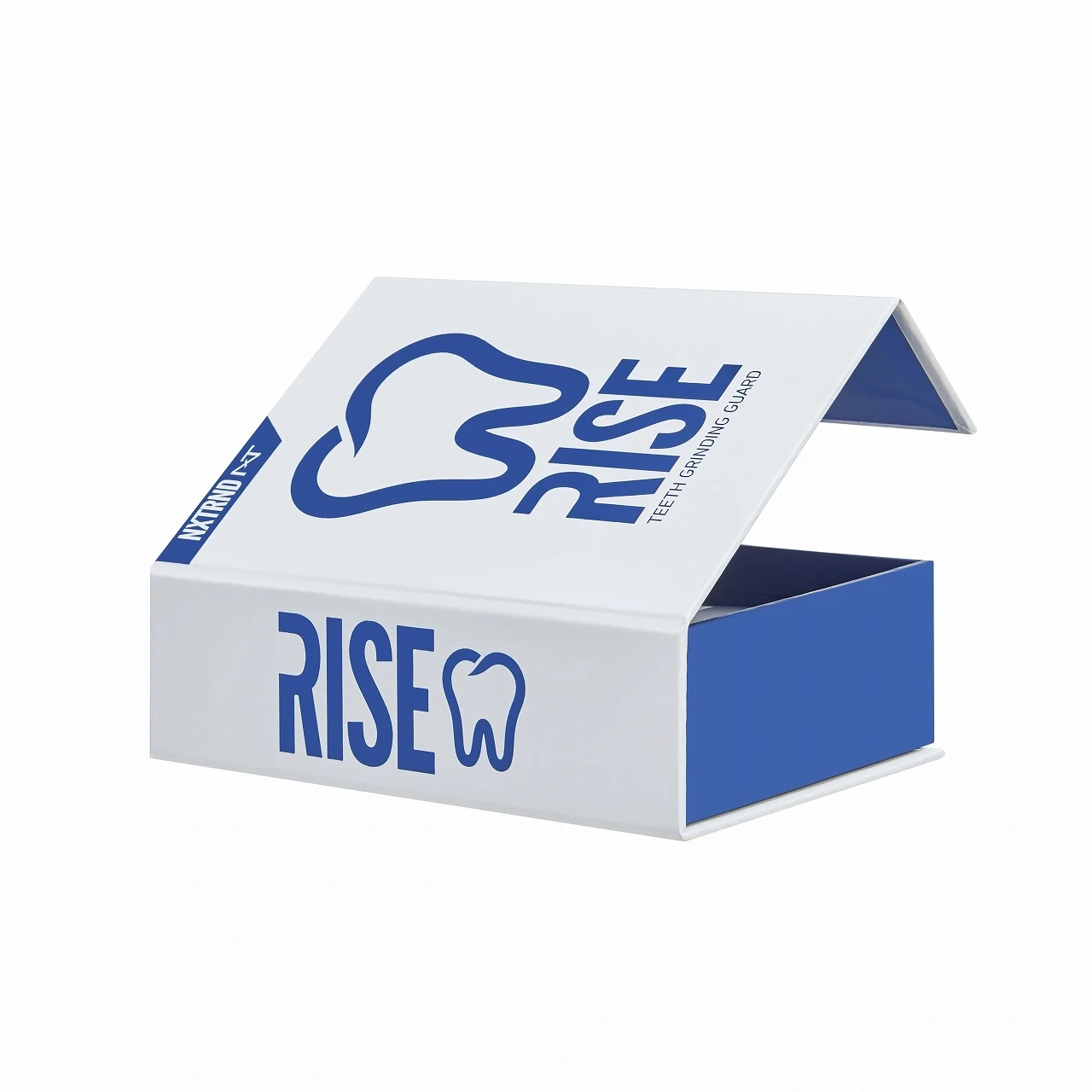 Blue and white RISE dental packaging with hinged lid