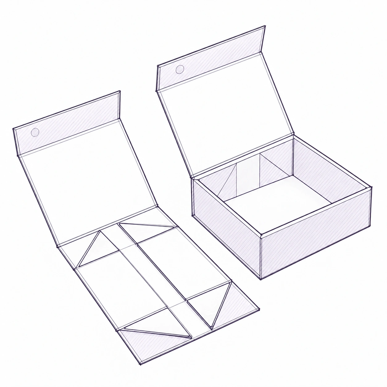 Hand-drawn structural illustration of a collapsible rigid box