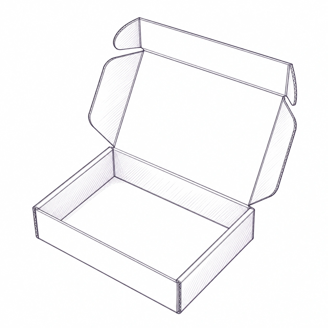 Hand-drawn structural illustration of an open corrugated mailer box