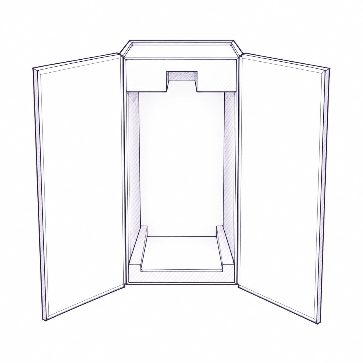 Hand-drawn structural illustration of a double-door rigid box