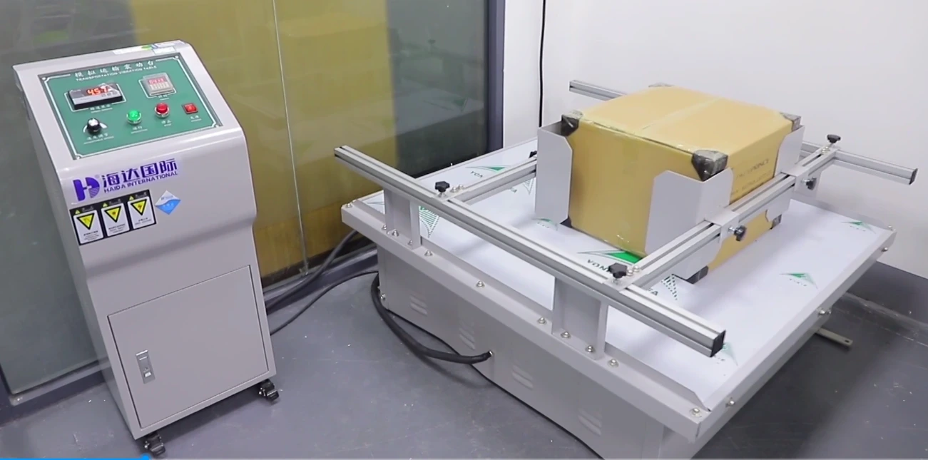 Packaged carton on transport testing equipment