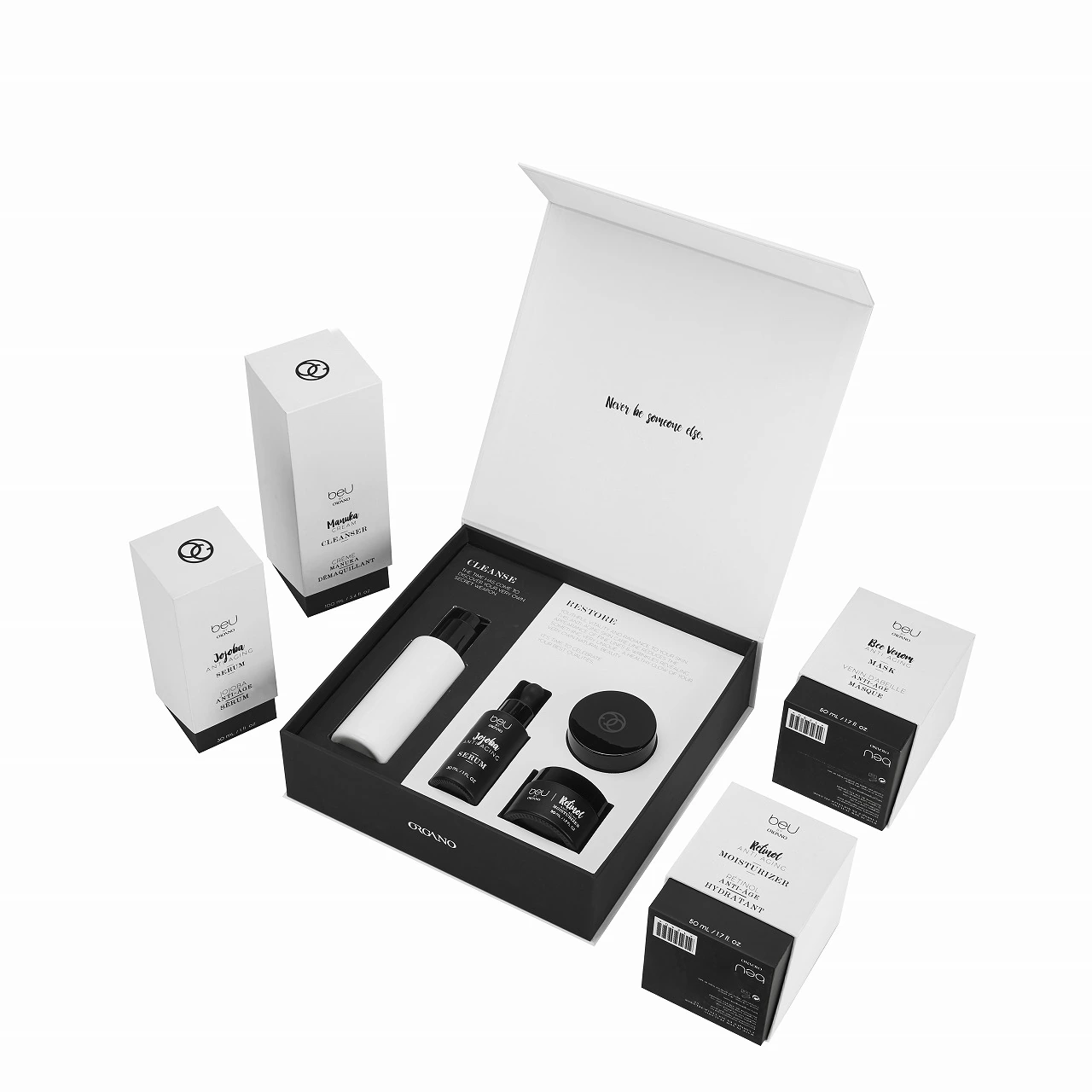 Black and white skincare product set with magnetic book-style box
